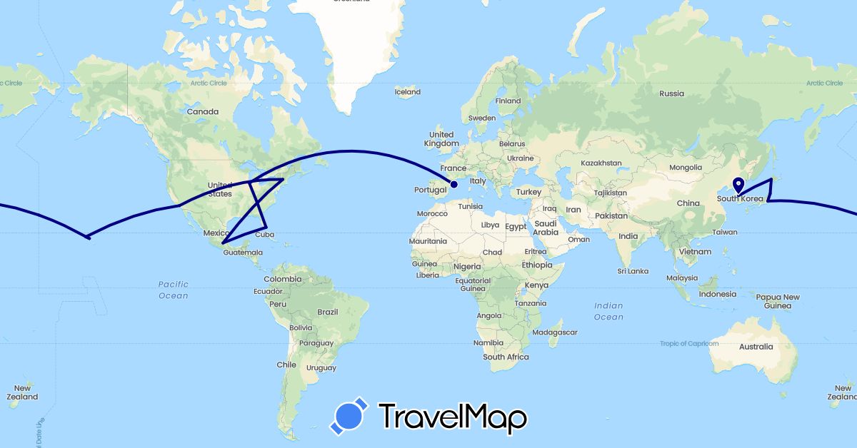 TravelMap itinerary: driving in Spain, Japan, South Korea, Mexico, United States (Asia, Europe, North America)